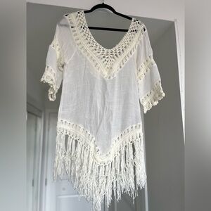White & Cream Crochet Fringe Beach Coverup